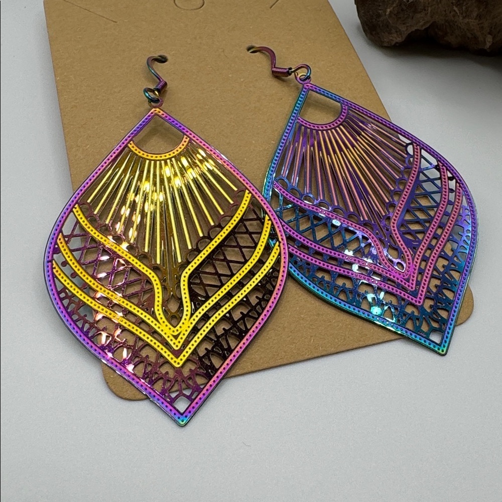 🦜 Boho Peacock Earrings Iridescent Metal Hook with Backs